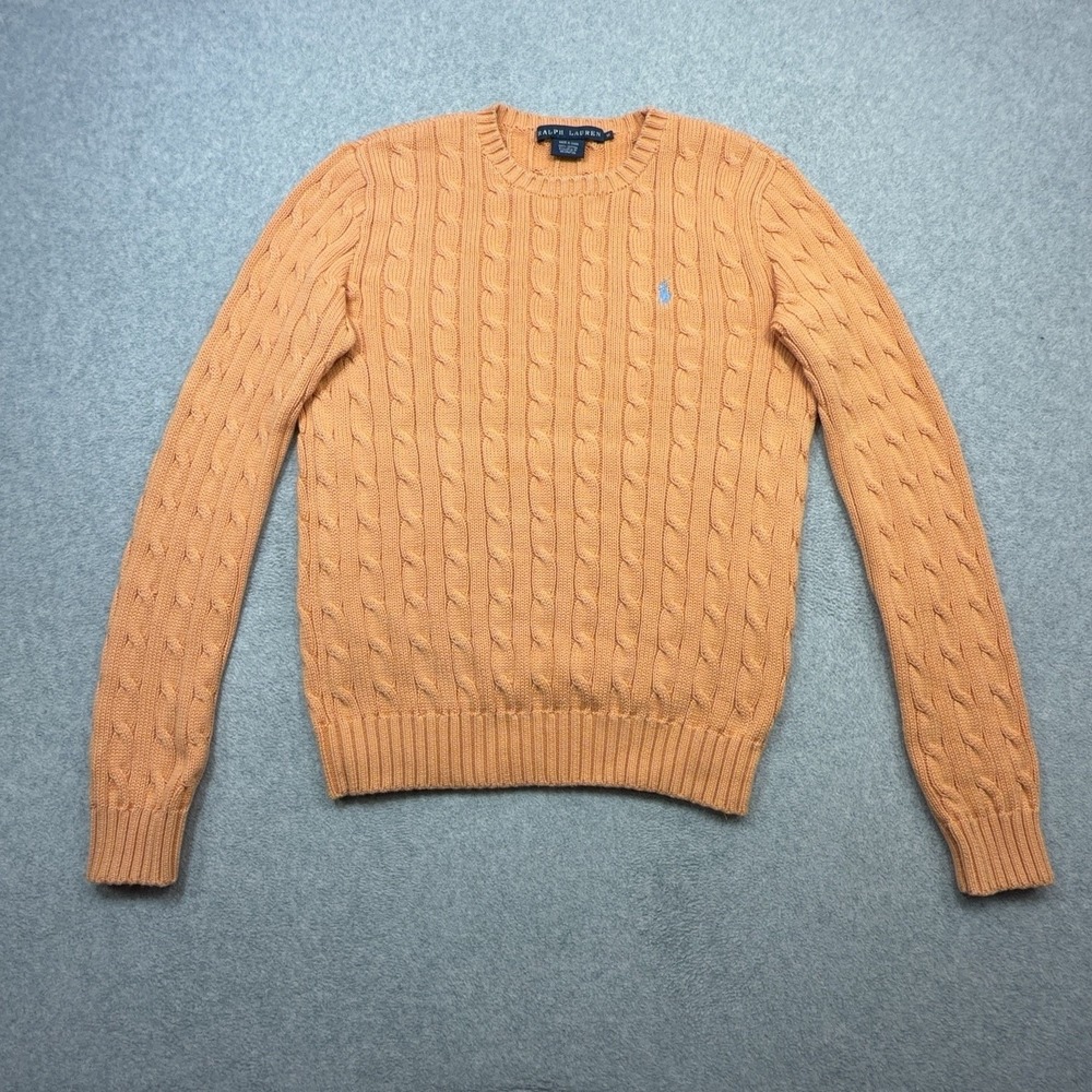 Ralph Lauren Sweater Womens Medium Orange Cable Knit Crewneck Pullover Pony Logo
